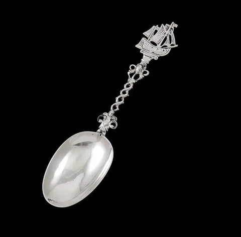Antique 1890s German Hanau Silver Dutch Colonial War Ship Boat Serving Spoon