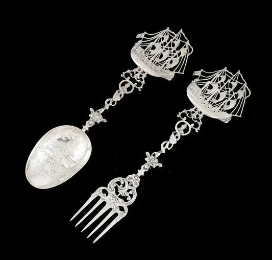 Huge Antique Dutch Colonial 1905 Silver Galleon Salad Serving Fork Spoon Set 13"