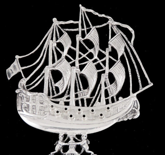 Huge Antique Dutch Colonial 1905 Silver Galleon Salad Serving Fork Spoon Set 13"