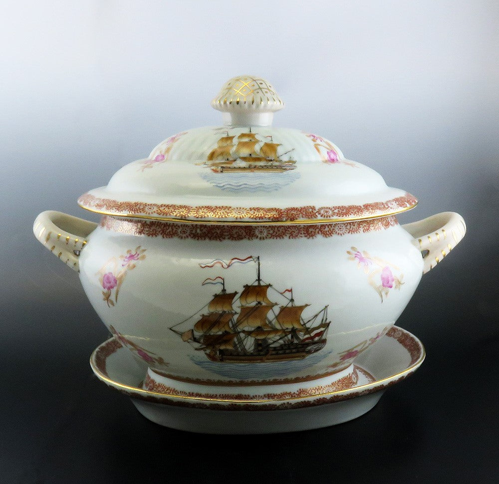Huge Antique French Porcelain Covered Serving Dish w Ship Galleon Scene Decor