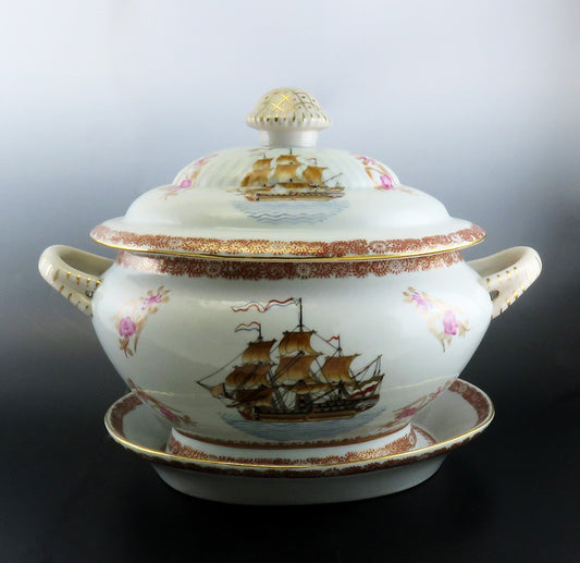 Huge Antique French Porcelain Covered Serving Dish w Ship Galleon Scene Decor