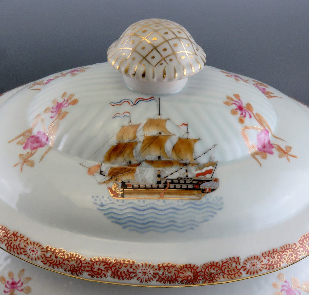 Huge Antique French Porcelain Covered Serving Dish w Ship Galleon Scene Decor