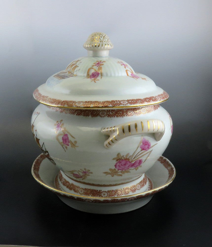 Huge Antique French Porcelain Covered Serving Dish w Ship Galleon Scene Decor