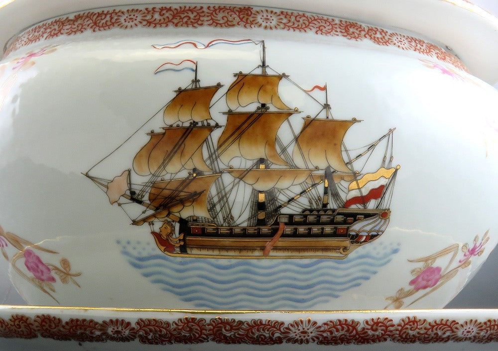 Huge Antique French Porcelain Covered Serving Dish w Ship Galleon Scene Decor