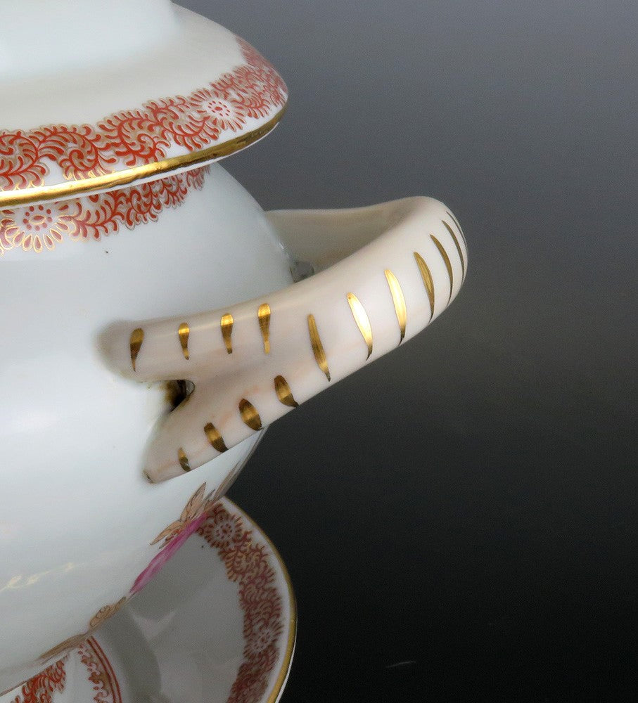 Huge Antique French Porcelain Covered Serving Dish w Ship Galleon Scene Decor