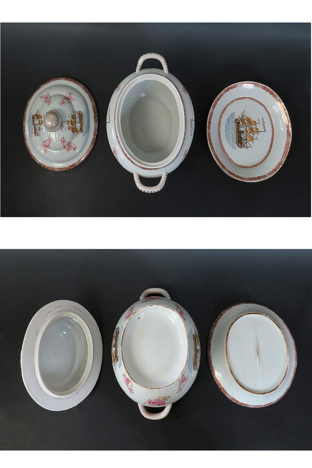 Huge Antique French Porcelain Covered Serving Dish w Ship Galleon Scene Decor