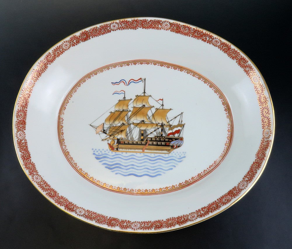 Huge Antique French Porcelain Covered Serving Dish w Ship Galleon Scene Decor
