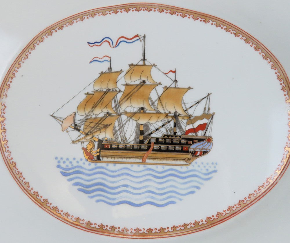 Huge Antique French Porcelain Covered Serving Dish w Ship Galleon Scene Decor
