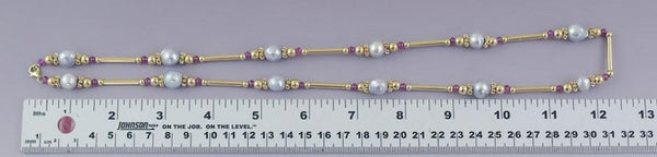 Beautiful 18K Yellow Gold Pearl Ruby Beaded Necklace