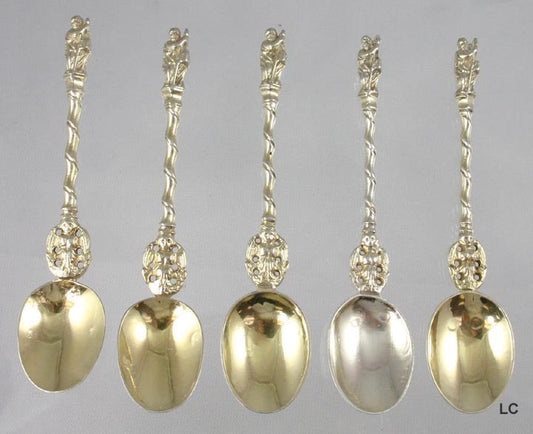 5 Mid 19th Century German or Dutch Silver Apostle Demitasse Spoons 4 3/8"