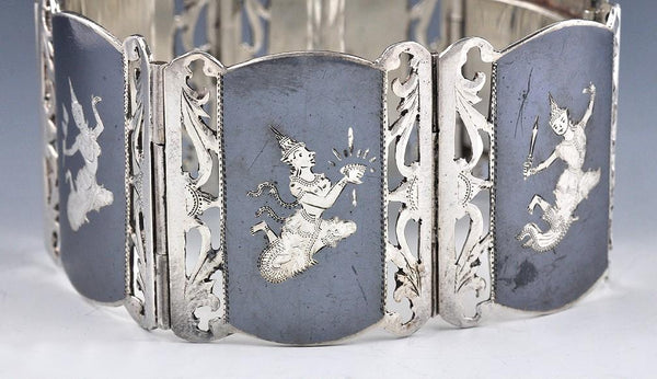 Sterling Silver and Hand Engraved Niello Bracelet Siam/Thailand 1930-1960