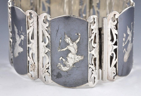 Sterling Silver and Hand Engraved Niello Bracelet Siam/Thailand 1930-1960