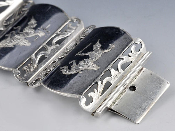 Sterling Silver and Hand Engraved Niello Bracelet Siam/Thailand 1930-1960