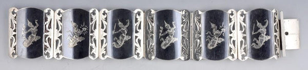 Sterling Silver and Hand Engraved Niello Bracelet Siam/Thailand 1930-1960