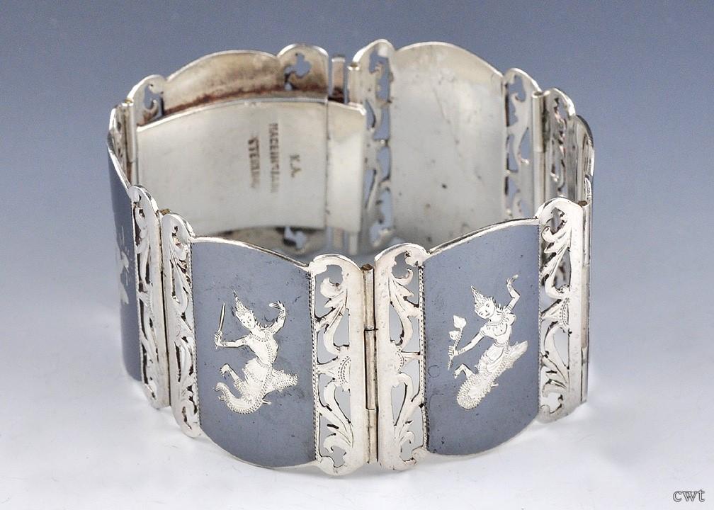 Sterling Silver and Hand Engraved Niello Bracelet Siam/Thailand 1930-1960