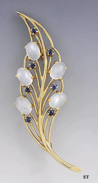 Elegant 14k Gold Sapphire Moonstone Leaf Pin Brooch