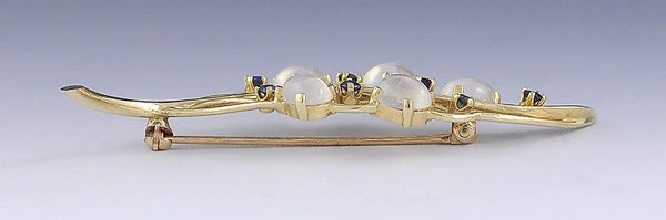 Elegant 14k Gold Sapphire Moonstone Leaf Pin Brooch