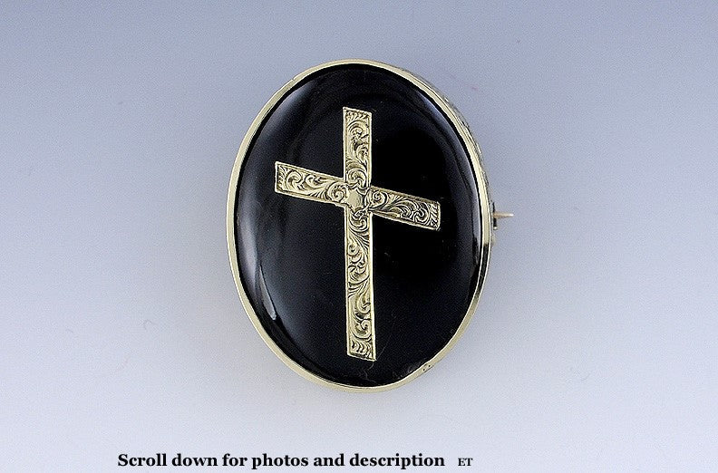 Pretty Victorian c1840s-1870s 14k Gold Onyx Cross Memorial Pin Brooch