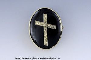 Pretty Victorian c1840s-1870s 14k Gold Onyx Cross Memorial Pin Brooch