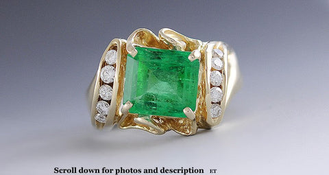 Handsome 14k Yellow Gold Lab Created Emerald and Diamond Ring Size 10.25