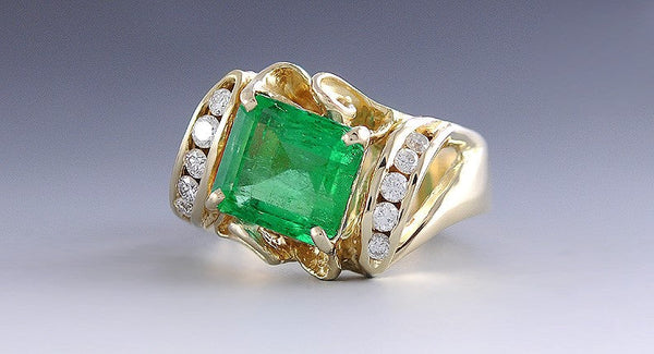 Handsome 14k Yellow Gold Lab Created Emerald and Diamond Ring Size 10.25