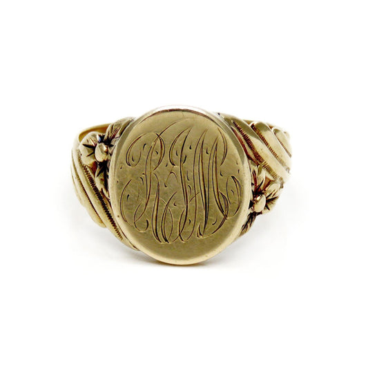 Antique Early 1900s American Yellow Gold Heavy Weight Signet Ring Floral Design