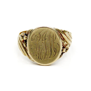 Antique Early 1900s American Yellow Gold Heavy Weight Signet Ring Floral Design