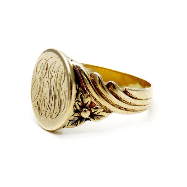 Antique Early 1900s American Yellow Gold Heavy Weight Signet Ring Floral Design