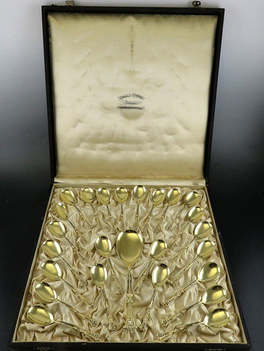 Exquisite Antique German 800 Silver 25pc Dessert Set w Orig. Fitted Case