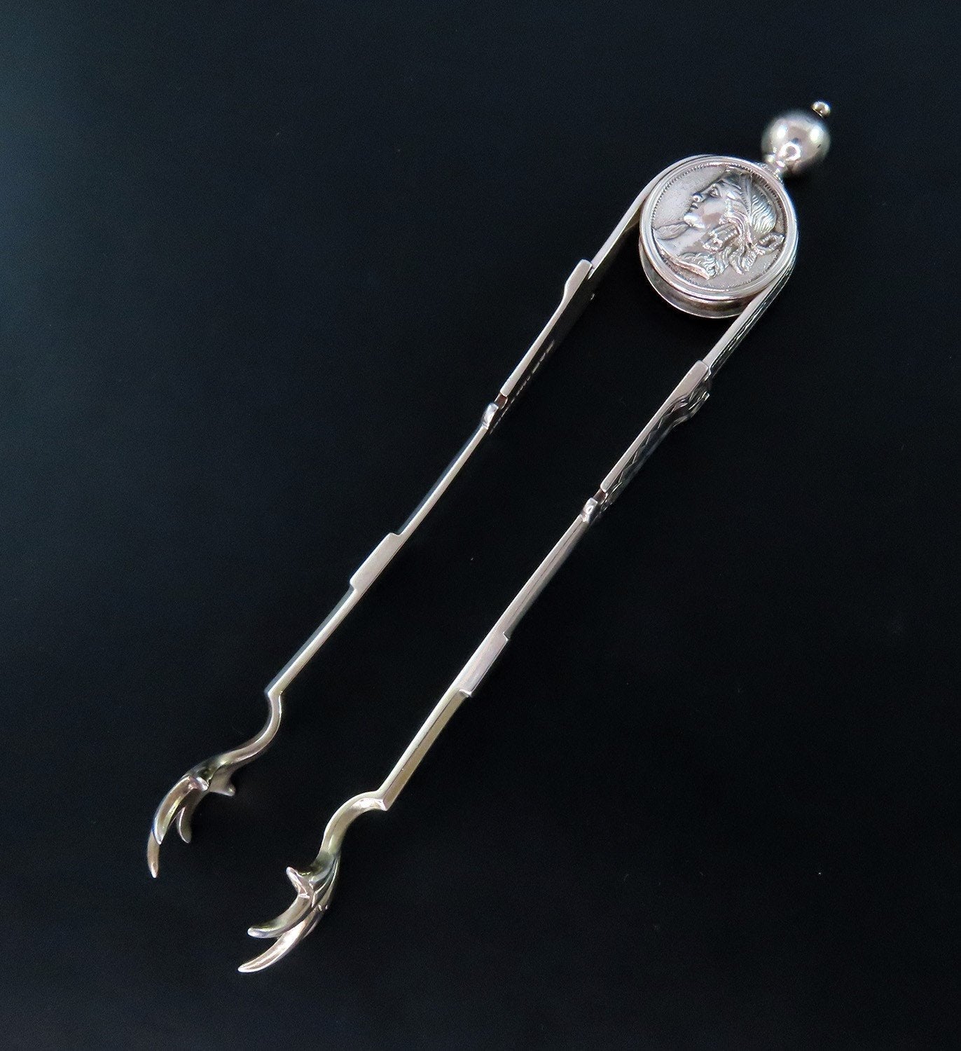 1866 Handsome Sterling Silver Medallion Sugar Tongs P Mono George Sharp 5 3/4"