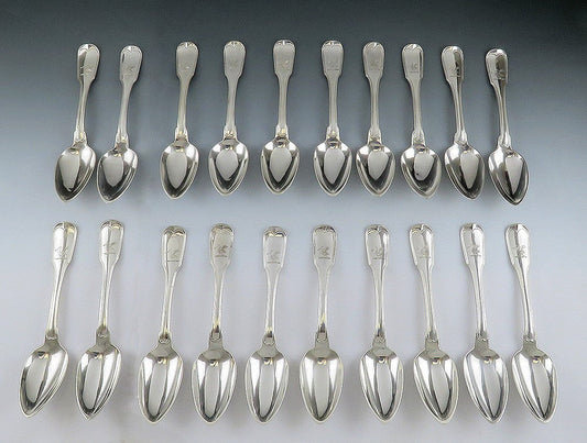 20 Rare Antique American Coin Silver 1820s Swan Crest Place/Oval Soup Spoons 7"