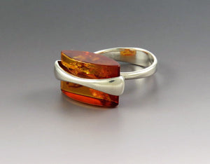 Stunning Sterling Silver Amber Contemporary Ring sz 8 1/2