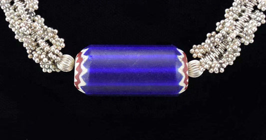 Vintage Necklace of Sterling Silver and Frosted Blue Glass Millefiori Look