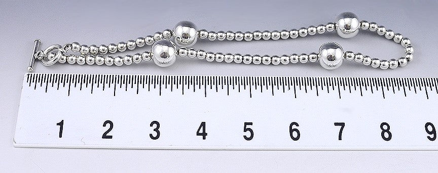 Sterling Silver Round Bead Necklace w/ Small and Large Beads Toggle Clasp