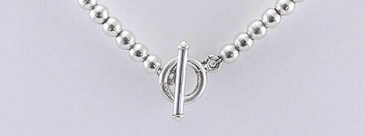 Sterling Silver Round Bead Necklace w/ Small and Large Beads Toggle Clasp