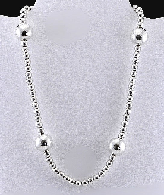 Sterling Silver Round Bead Necklace w/ Small and Large Beads Toggle Clasp