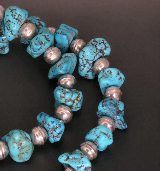 Handcrafted Native American Sterling Silver Turquoise Beaded Necklace