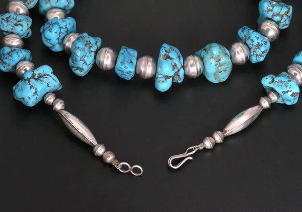 Handcrafted Native American Sterling Silver Turquoise Beaded Necklace