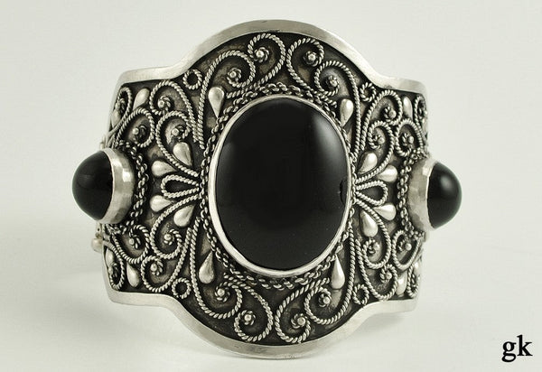 Handmade Greek 800 Purity Solid Silver Black Onyx Statement Bracelet