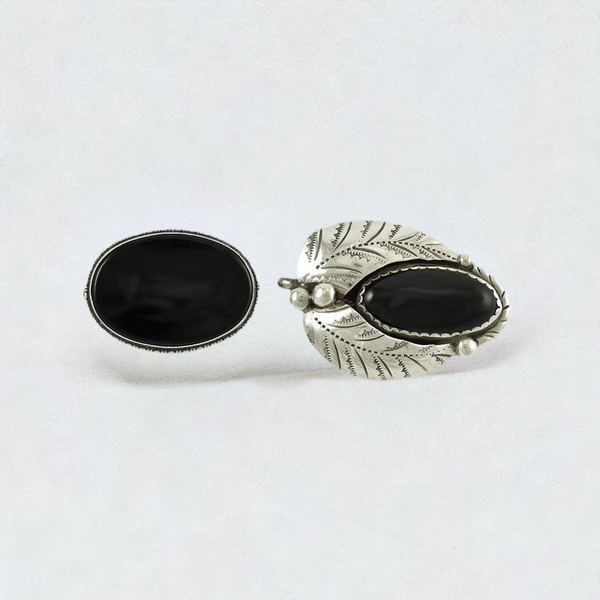 2 Sterling Silver and Genuine Black Onyx Stone Pins/Brooches Vintage Leaf Design