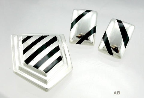 Modern Sterling Silver and Black Enamel Bayanihan Earrings & Pin Jewelry Set