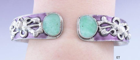 Stylish Chinese Silver Jadeite Jade & Purple Enamel Cuff Bracelet
