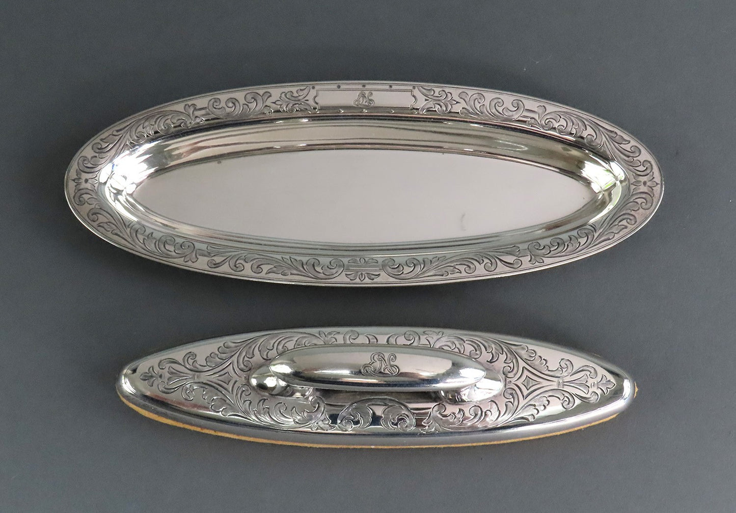 Excellent c1920s Tiffany Co Sterling Silver Engraved Nail Buffer w Tray