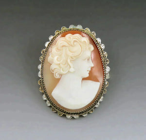 Antique Victorian Italian Gold Wash Filigree Silver Shell Cameo Brooch Pin