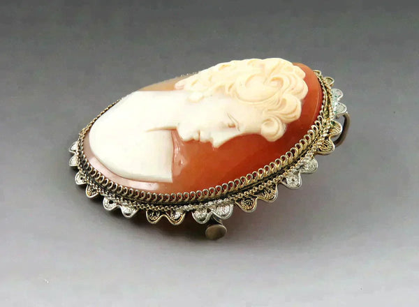 Antique Victorian Italian Gold Wash Filigree Silver Shell Cameo Brooch Pin