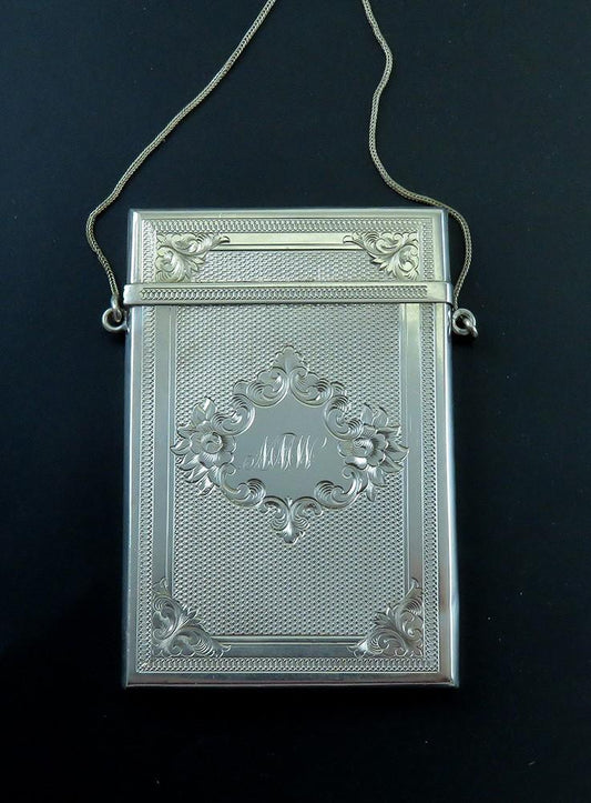 Antique c1850 American Coin Silver Albert Coles Engraved Card Case on Chain