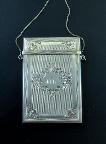 Antique c1850 American Coin Silver Albert Coles Engraved Card Case on Chain