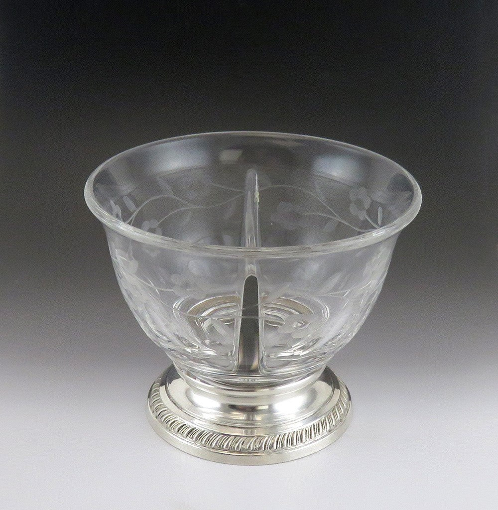 Heisey Divided Glass Bowl with Sterling Silver Base Condiment Olives Nuts Relish