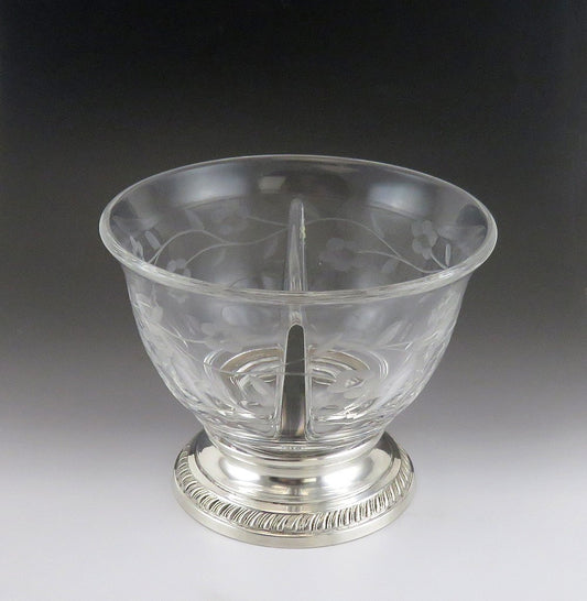 Heisey Divided Glass Bowl with Sterling Silver Base Condiment Olives Nuts Relish