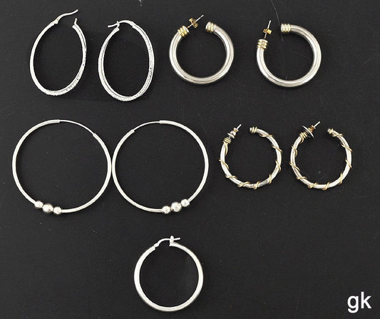 4 Pairs Hoop Style Earrings Pierced Sterling Silver and Silver Tone 1 Single